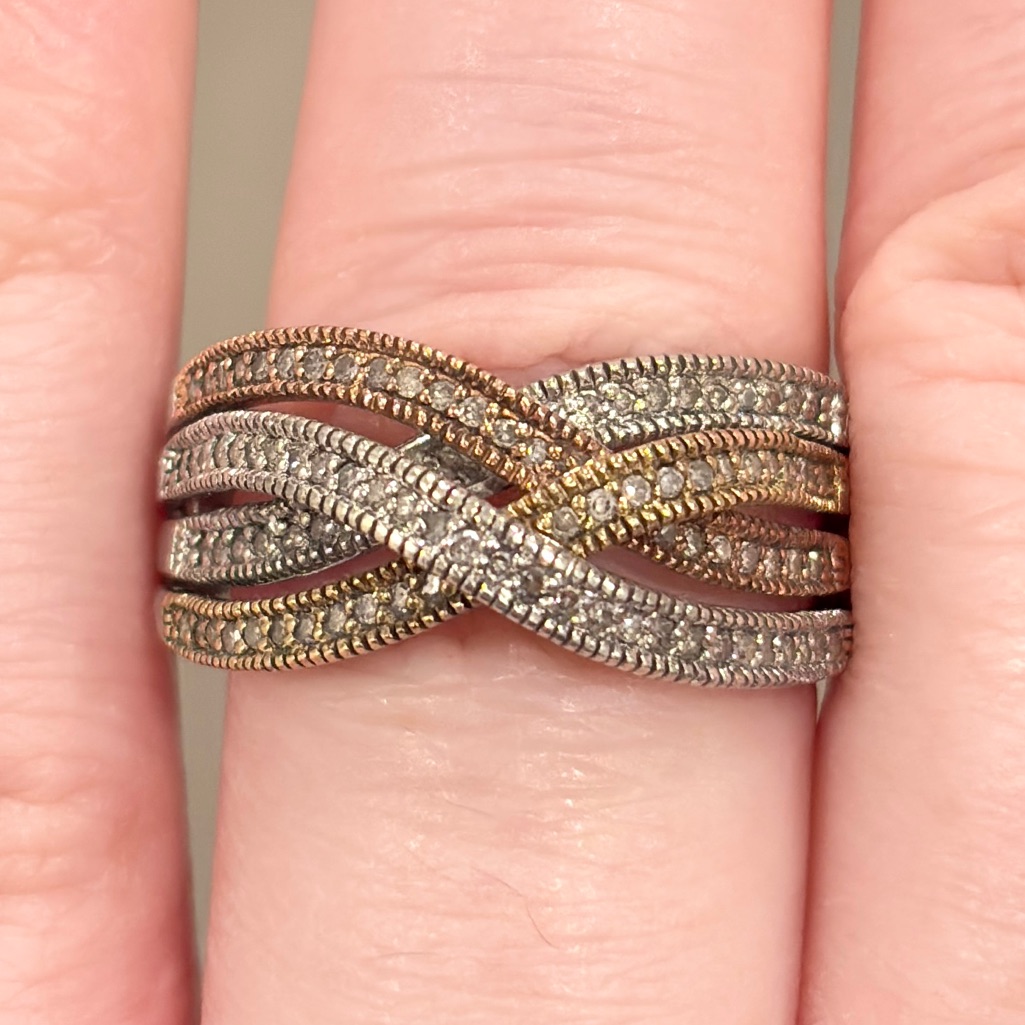 Tricolor 14k 925 Diamond Layered Band Thick Half Eternity Yellow Rose Gold 7.25